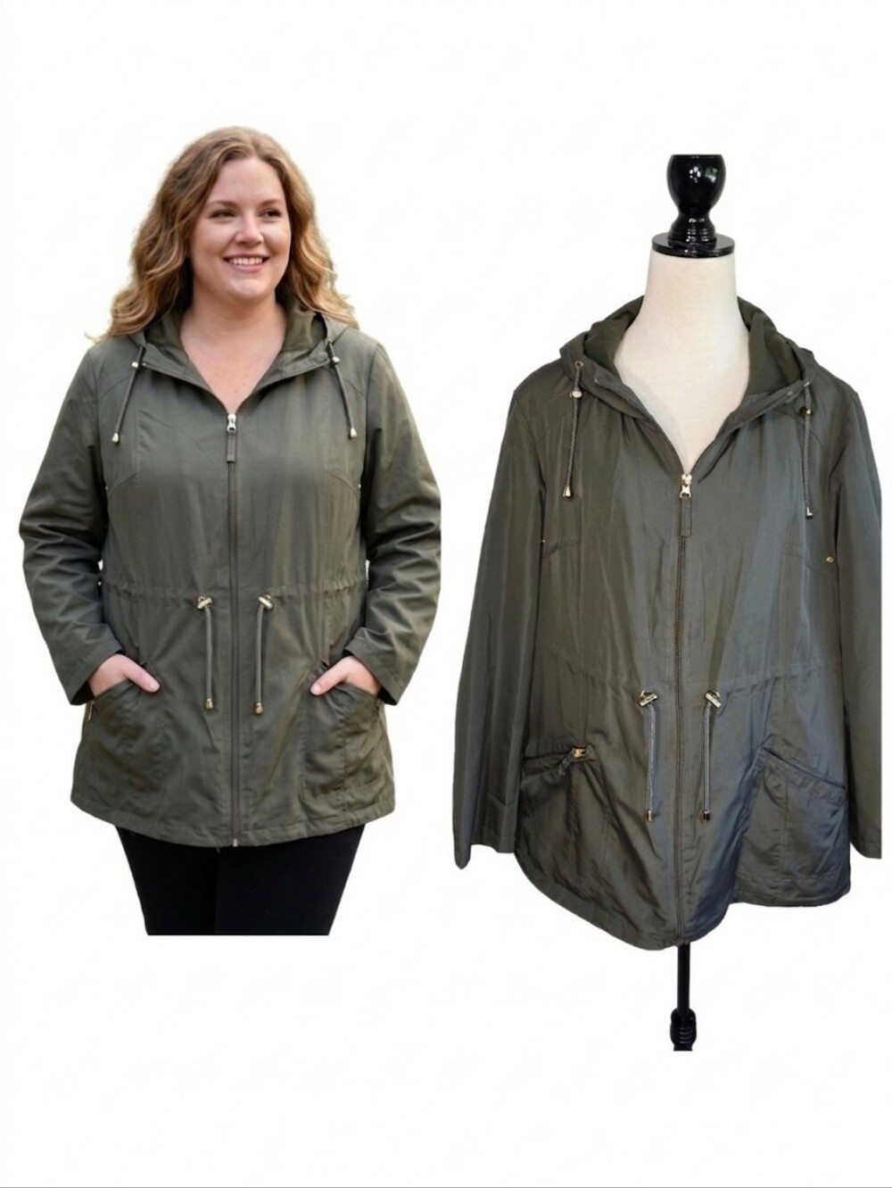 Women's Olive Utility Hooded Jacket with Drawcord Waist